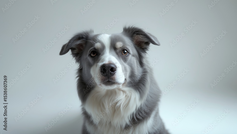Fototapeta premium A close-up of a dog's tilted muzzle indicating misunderstanding, a Border Collie breed with EARED ears set against a white background. The dog features shades of white and black and has long and
