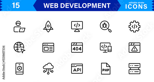 Modern Web Development Icon Set Featuring Coding, Websites, Programming, Design, and Development Concepts in a Professional, Clean Vector Style