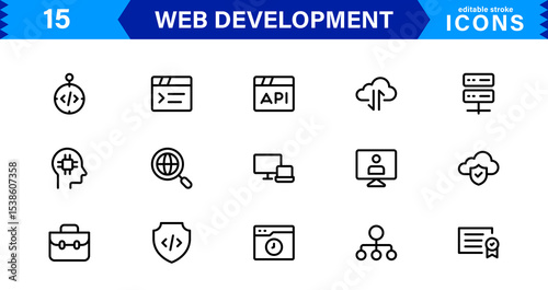 Modern Web Development Icon Set Featuring Coding, Websites, Programming, Design, and Development Concepts in a Professional, Clean Vector Style