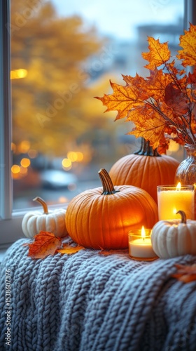 Cozy autumn scene with pumpkins, candles, and colorful leaves by a window