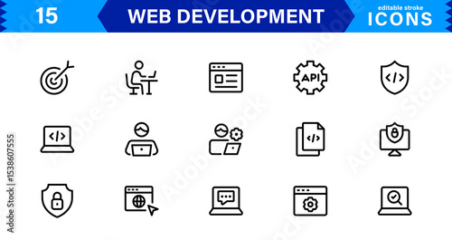 Modern Web Development Icon Set Featuring Coding, Websites, Programming, Design, and Development Concepts in a Professional, Clean Vector Style
