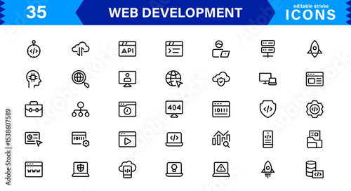 Modern Web Development Icon Set Featuring Coding, Websites, Programming, Design, and Development Concepts in a Professional, Clean Vector Style