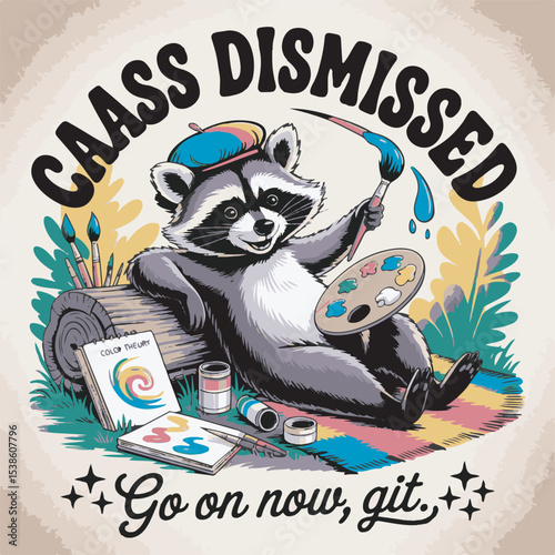 Raccoon Artist Class Dismissed Logo Design Featuring Paintbrush Palette and Art Supplies on Beige Background