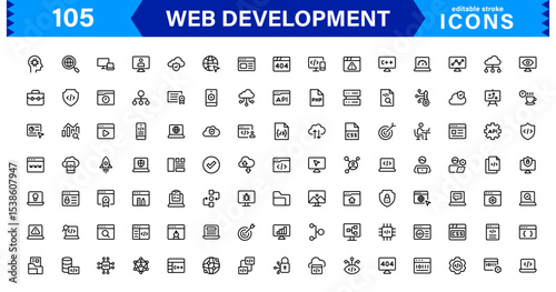 Modern Web Development Icon Set Featuring Coding, Websites, Programming, Design, and Development Concepts in a Professional, Clean Vector Style