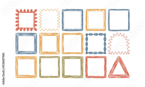 Vector illustration featuring a diverse collection of hand-drawn whimsical frames in various shapes, rectangles, squares, ovals, circles, and scalloped edges, easily editable and scalable.
