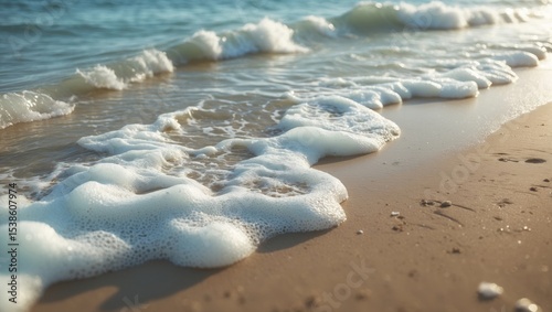 Beautiful tropical beach with white sand and sea with white frothy waves on Phuket, Thailand. Minimal composition with neutral colors. Summer and travel concept. Natural background.