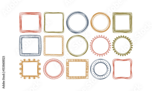 Vector illustration featuring a diverse collection of hand-drawn whimsical frames in various shapes, rectangles, squares, ovals, circles, and scalloped edges, easily editable and scalable.
