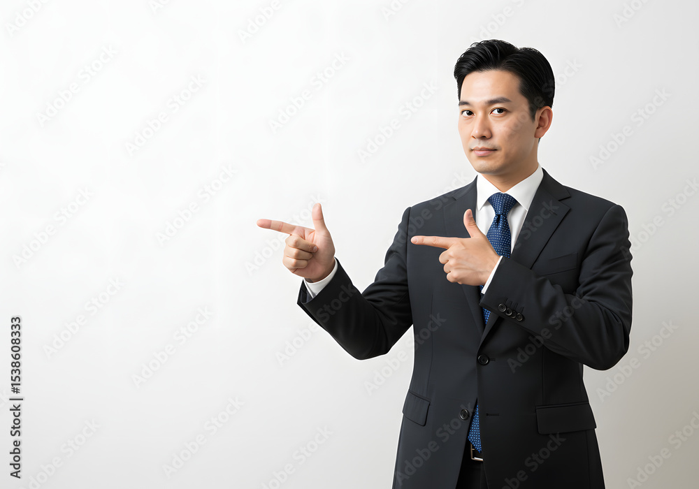 A well-dressed businessman points towards the left, suggesting a direction. A well-dressed businessman points towards the left, suggesting a direction.