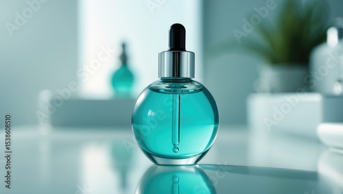 Dropper bottle with pipette on white washbasin in bathroom, close up. Blank label mockup. Natural herbal cosmetic product for facecare, daily routine or spa treatments - serum or essence