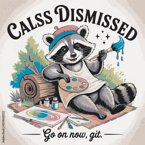 Raccoon Artist Logo Design Class Dismissed Illustration Featuring a Cute Raccoon in a Beret Holding Paintbrushes