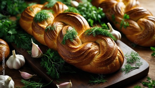 Fresh baked garlic bread, gluten free buns. Delicious food, fresh parsley, aromatic spices. Homemade bakery, preparation ingredient for toasts. Close-up on black wooden boards