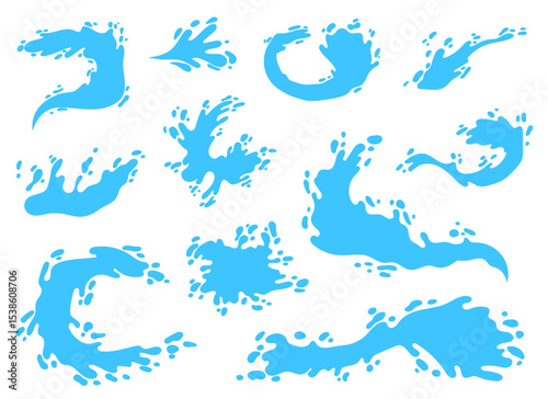 Collection of vector illustrations of blue water splashes isolated on white.