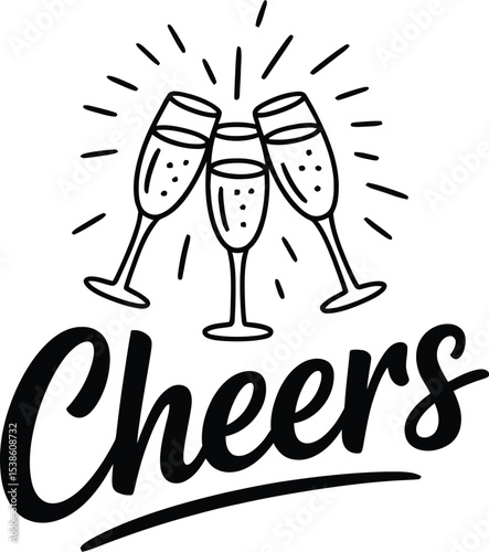 Festive cheers illustration with champagne glasses and stylish handwritten typography for celebration