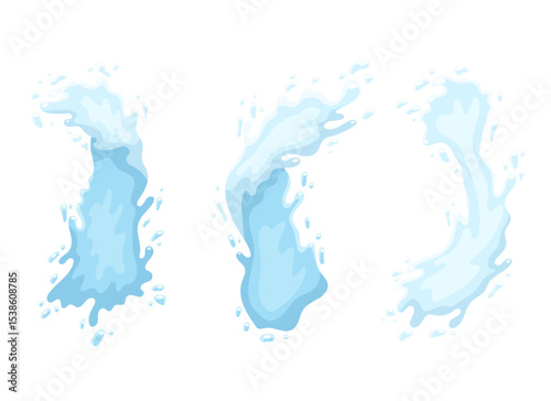 Illustration of three different flowing water splashes on a white background.
