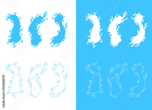 Water splash set in different styles on white and blue backgrounds.