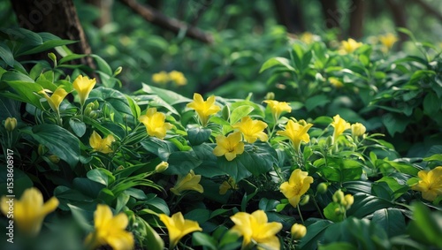 Anemonoides ranunculoides: A display of Yellow wood anemones as decorative flowers and palmately leaves contrasting with greenish vegetation in a garden.
