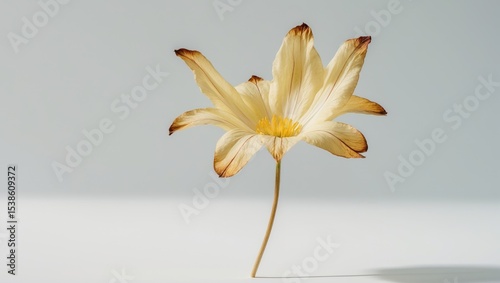 Pressed and dried Eustoma russellianum lisianthus, also known as showy prairie gentian or Texas bluebells, flowering branch with rose-like blossom petals isolated on white background. photo