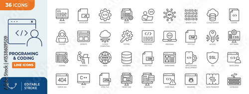 Programing & coding line editable icon set. Software development icon set. Containing Code, api, programmer, developer, information technology, coder and more. Editable stroke. Vector illustration