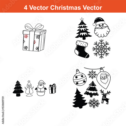 Christmas Ornaments Icons Set,Set of Christmas and New Year silhouette icons. Outline of party black elements of Christmas festive decoration. Christmas tree, Santa, deer, gingerbread, candle, snowbal