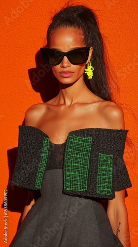 Fashionable young african woman in chic outfit with sunglasses against orange background