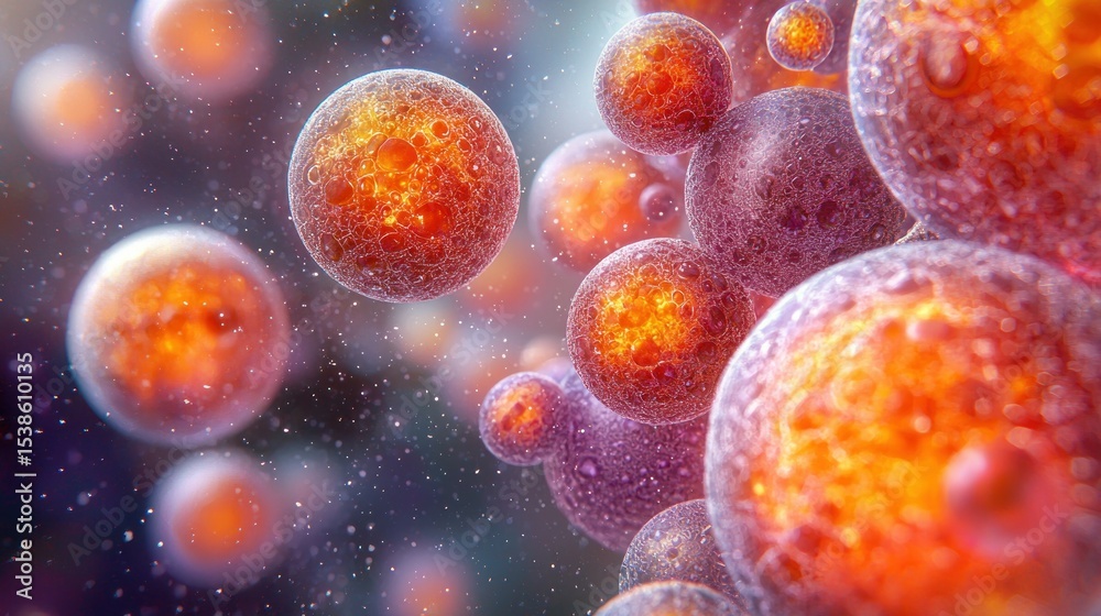 Naklejka premium Abstract close-up view of many spheres, in various shades of orange and purple, with textured surfaces
