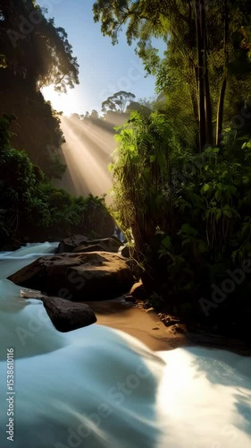 Sunlit waterfall flows through lush green jungle, cascading water over rocks, creating a serene and peaceful natural setting.