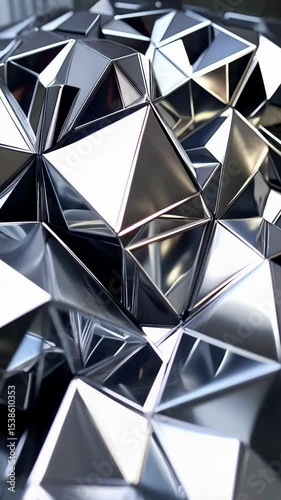 Silver metallic polygon shapes with specular highlights forming a complex geometric surface, chrome faceted structures, abstract background with sharp edges and reflections