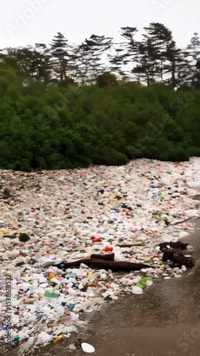 Ocean beach heavily polluted with plastic waste and trash washed ashore along a cloudy overcast seascape with waves and beach.