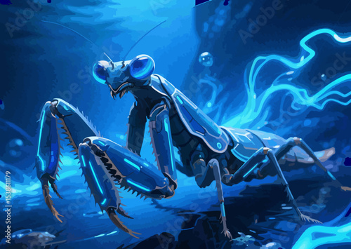 Cybernetic Mantis  Futuristic Blue Glowing Insect in Digital Energy Realm
