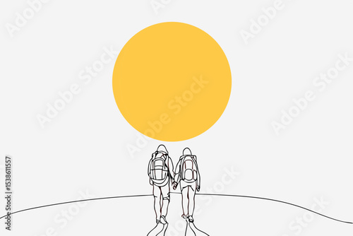 Two hikers with backpacks walking hand in hand on a mountain trail under a bright sun, symbolizing adventure and connection in nature exploration