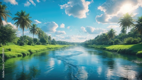 Clear, pristine river flowing gently through lush green landscape. This peaceful scene showcases the beauty of an unspoiled river environment, reflecting nature's purity.