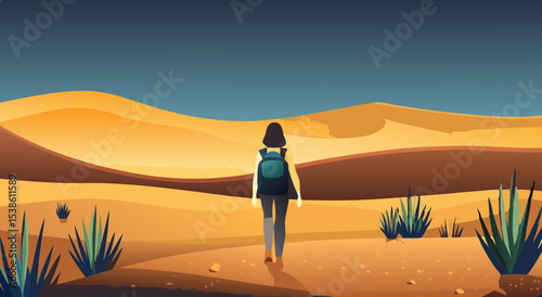 Hiker with backpack traverses golden desert landscape, surrounded by cacti and rolling sand dunes, embodying the spirit of outdoor adventure and exploration