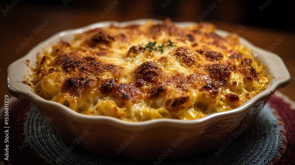 Baked macaroni and cheese has golden crust top. Baked macaroni and cheese has golden crust top.