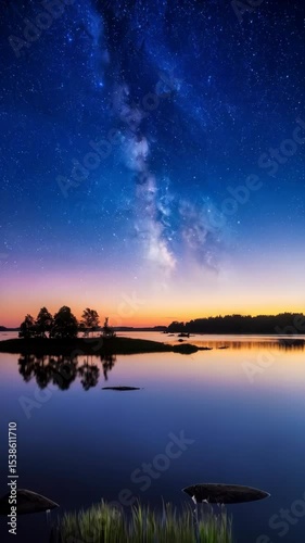Scenic tranquil lake reflects starlit milky way over island with trees at night in summer providing a stunning landscape with vivid colors