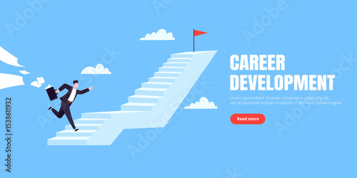 Success career ladder steps path challenge with business goal achievement flag objective on the top of it business concept flat vector illustration. Office person running onto success career steps.