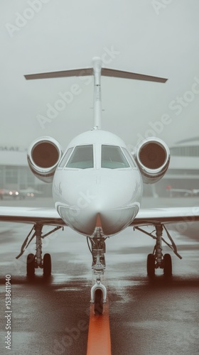 Sleek white private jet on wet runway in foggy weather