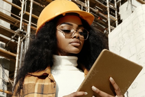 Confident african woman engineer with tablet on construction site background