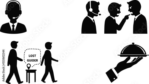 Customer service support conflict resolution lost guide restaurant service vector icons set illustration editable stock vector illustration