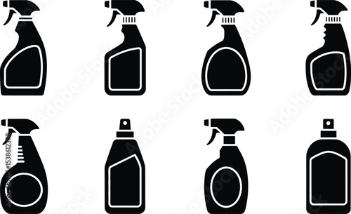 Black and white cleaning product spray bottle set icons vector design elements