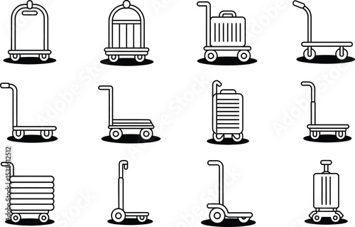 Collection of illustrated luggage trolleys and suitcase hand trucks in simple black and white line art