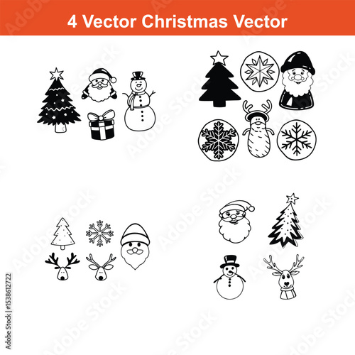 Christmas Ornaments Icons Set,Set of Christmas and New Year silhouette icons. Outline of party black elements of Christmas festive decoration. Christmas tree, Santa, deer, gingerbread, candle, snowbal