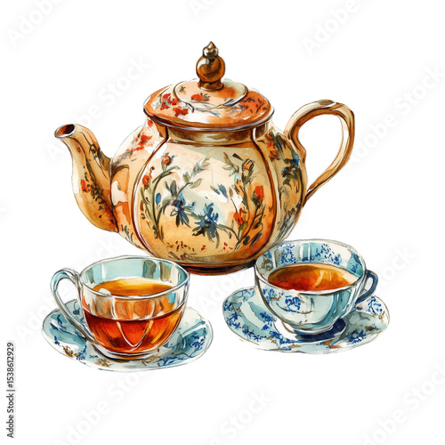 Antique Arabic Tea Set with Cups and Teapot Transparent Background