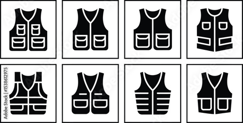 Set of various black vest icons representing protective gear and professional uniforms