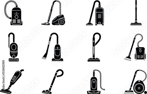 Collection of various vector vacuum cleaner silhouettes perfect for cleaning service designs