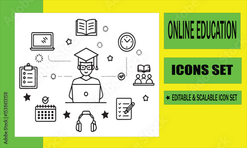 Online Education Icon Set: A collection of crisp, minimalist icons representing various facets of digital learning and virtual classrooms. Including books, laptops, and students