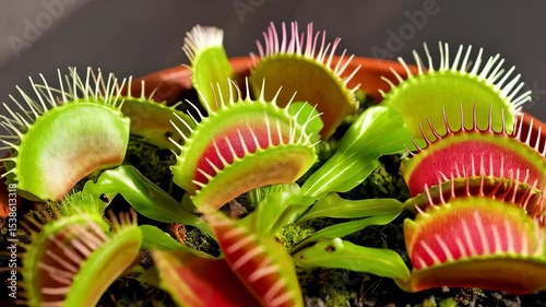 Terracotta pot containing several vibrant green and red Venus flytraps sitting among moss and soil; carnivorous plant close-up.