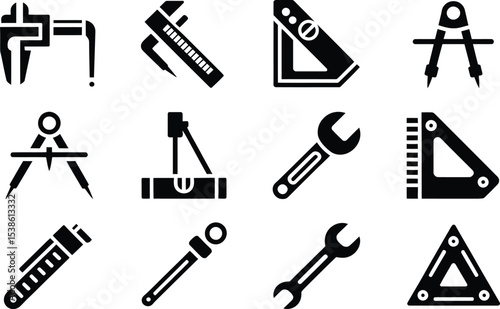 Collection of black and white tool icons representing engineering and construction equipment