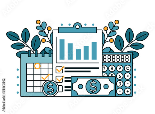 Personal budget, calculator, expense and income record, expense tracker, budget calendar, cash, coin and plants. Vector illustration