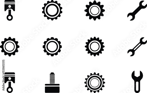 Monochrome vector illustrations of engine parts, tools, and mechanical components for design