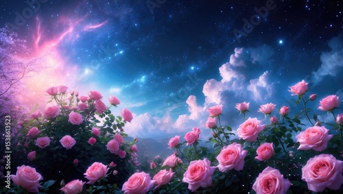 Fototapeta Naklejka Na Ścianę i Meble -  Fabulous fantasy panoramic banner background of a magical night sky with shining stars, mysterious clouds, and delicate pink rose flowers garden. Idyllic and tender heaven scene, with space for copy.